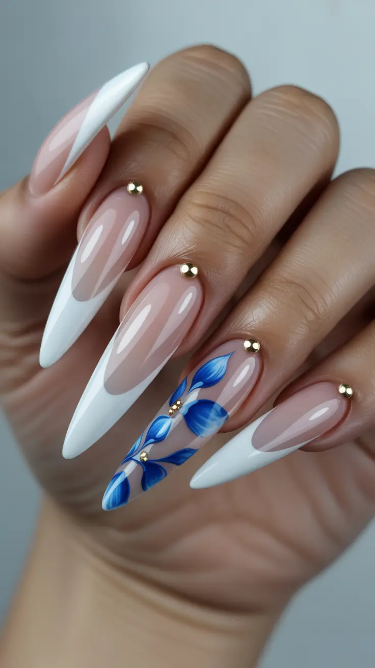 Glam Stiletto Nails 2026 Soft French Stiletto With Blue Botanical Art
