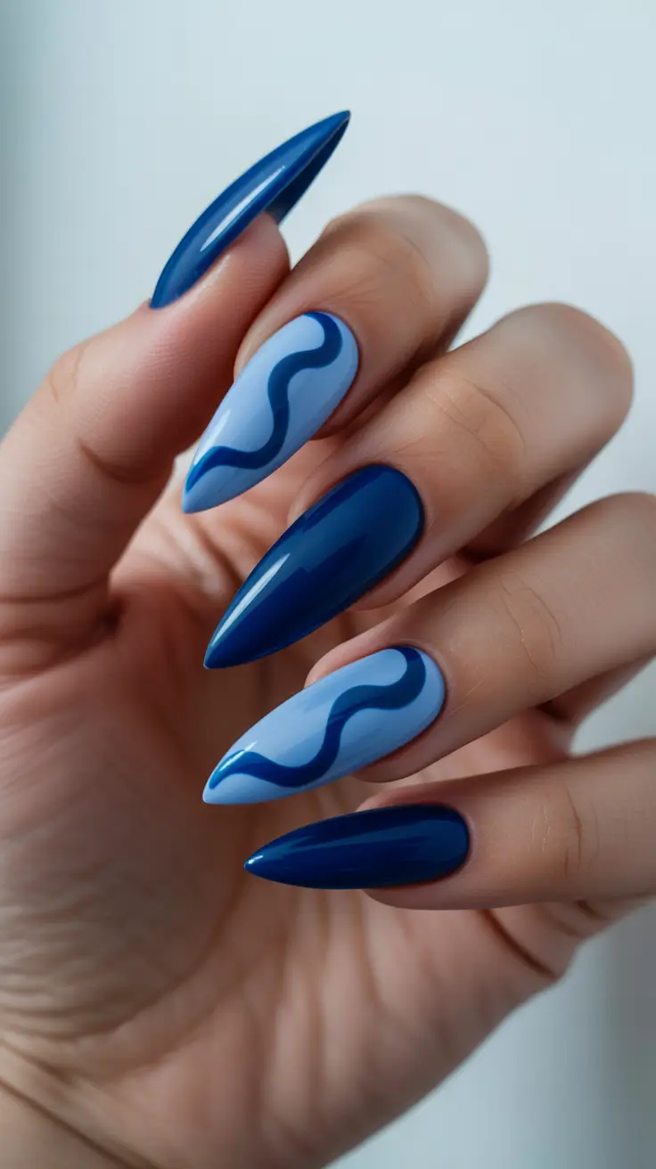 Glam Stiletto Nails 2026 Two-Tone Blue Stiletto Nails With Fluid Lines