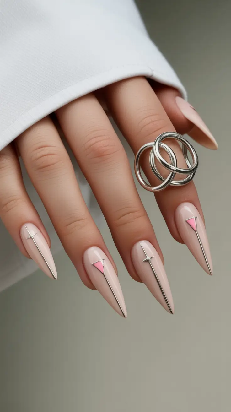 Glam Stiletto Nails 2026 Nude Stiletto Nails With Metallic Line Details