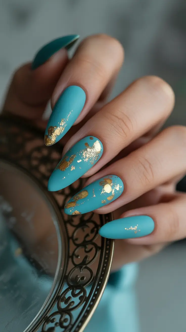 Glam Stiletto Nails 2026 Turquoise Gold Foil Stiletto