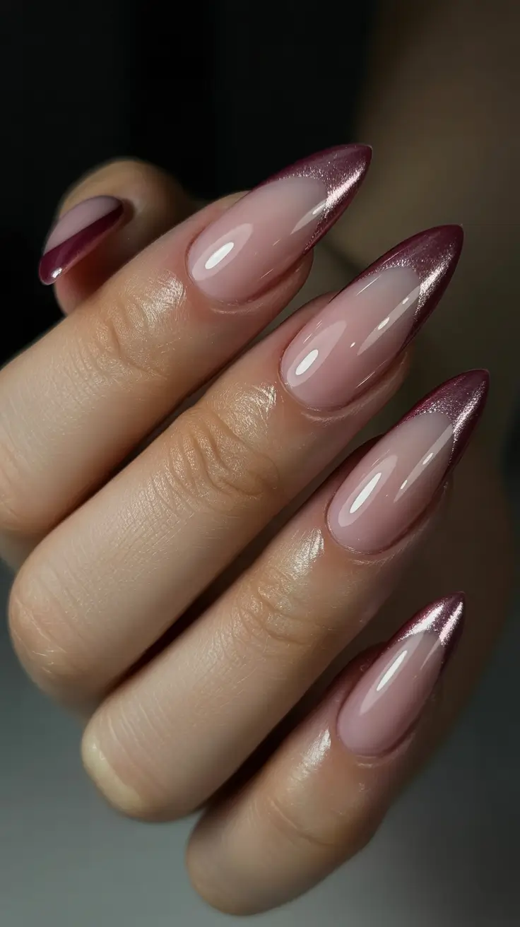 Glam Stiletto Nails 2026 Nude Stiletto With Burgundy Metallic Tips