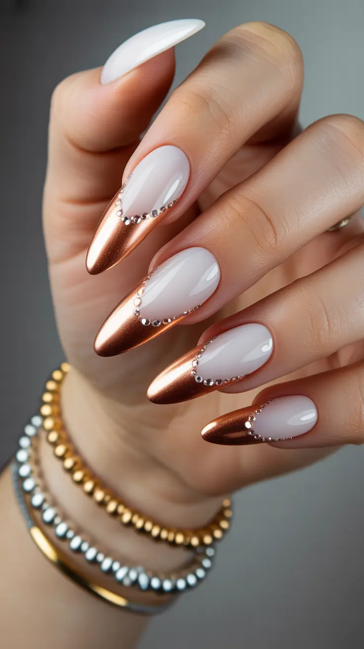 Glam Stiletto Nails 2026 White and Copper Stiletto With Crystals
