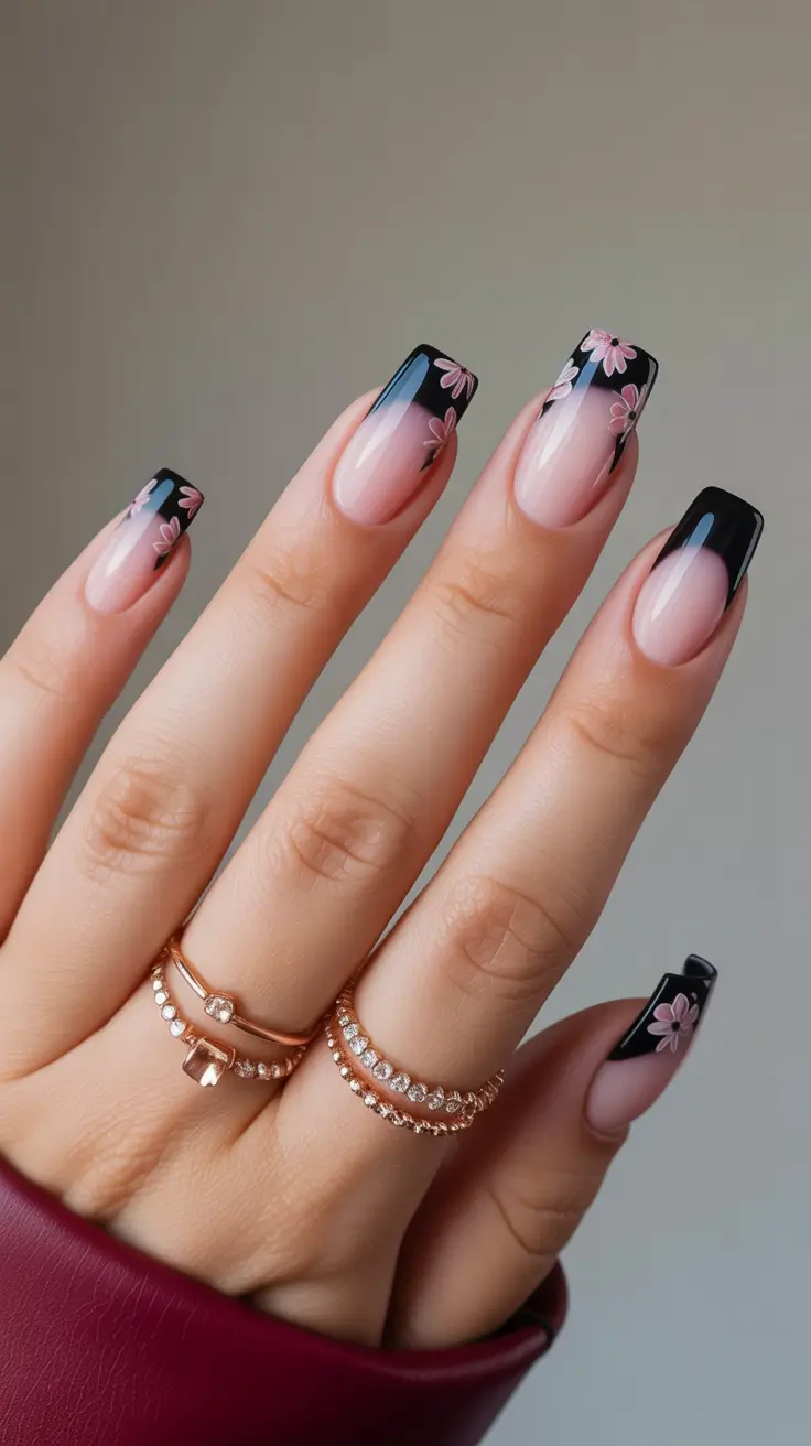 holiday nails 2026 Black French with Soft Floral Touch
