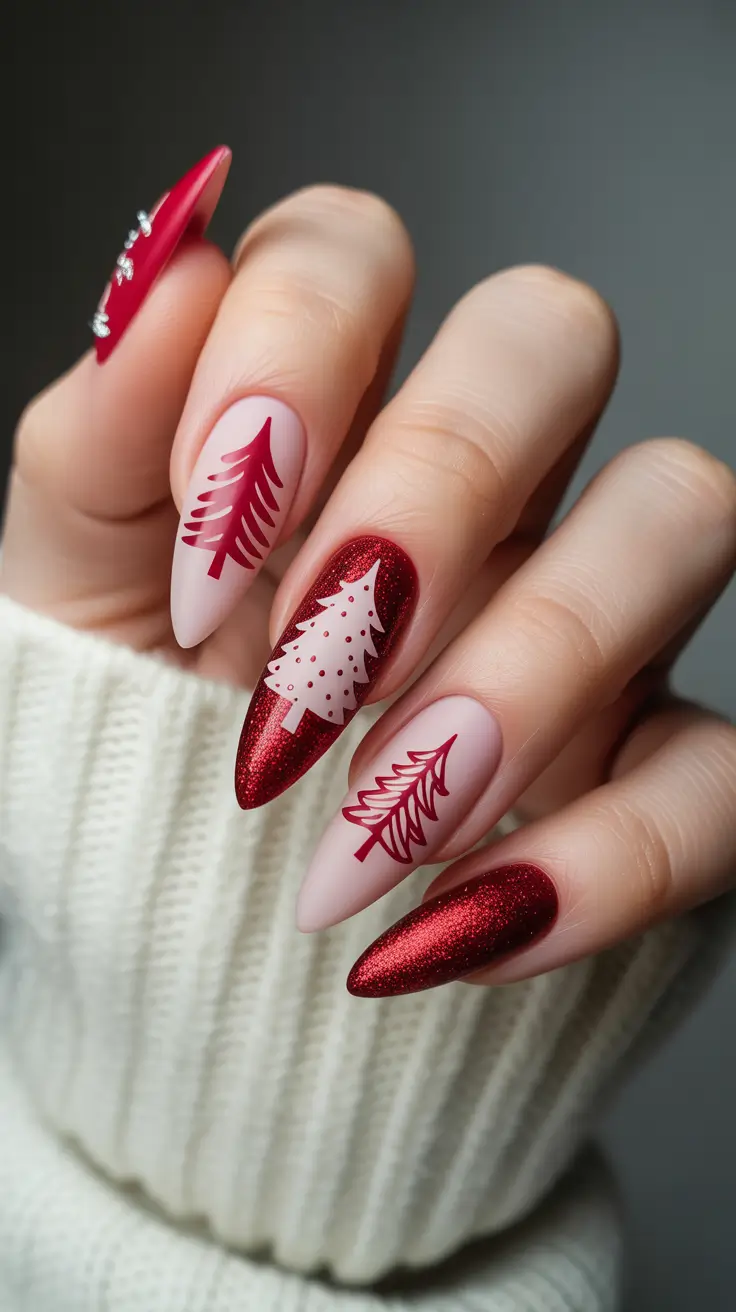 holiday nails 2026 Red Chrome Trees and Graphic Holiday Art