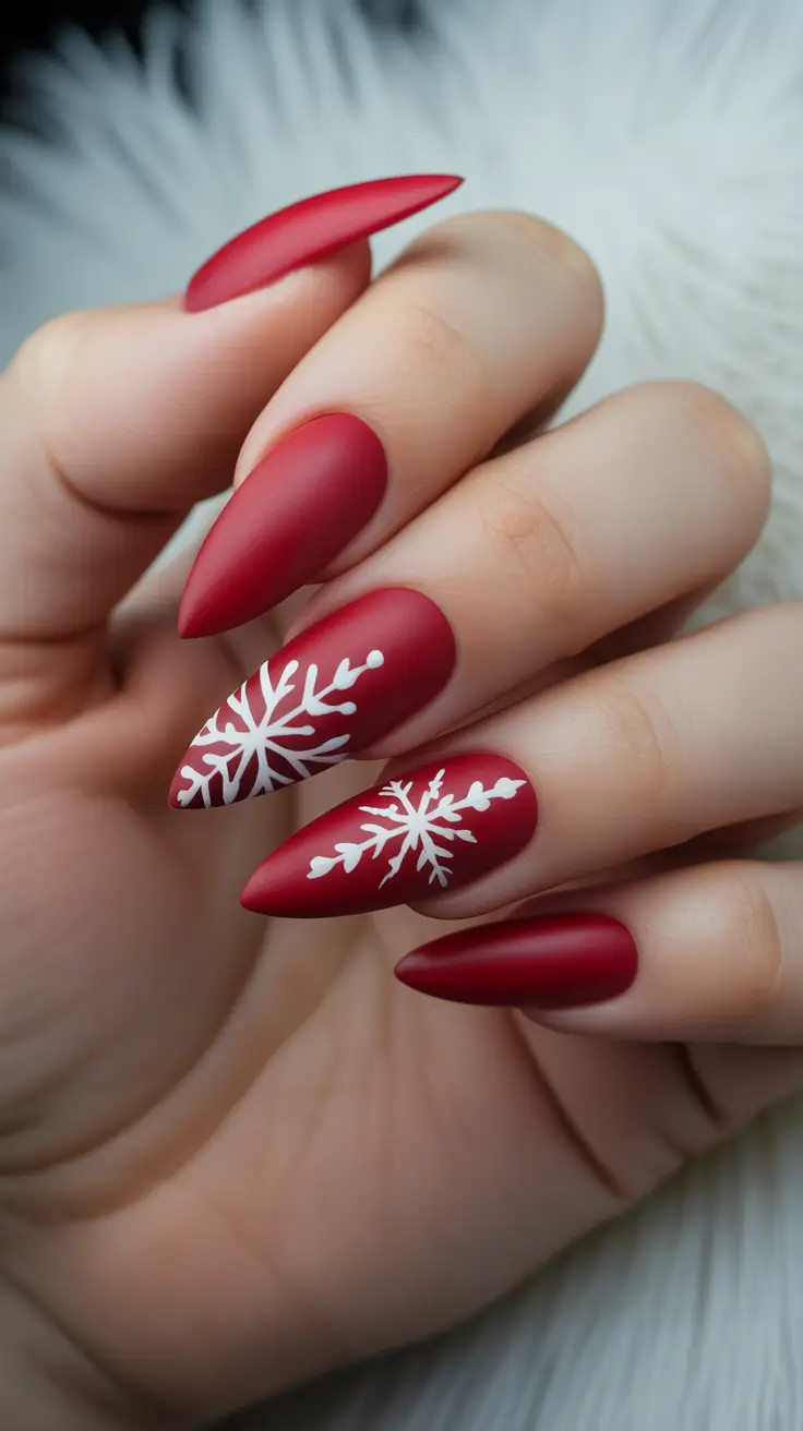 holiday nails 2026 Matte Red Snowflakes for Cozy Season