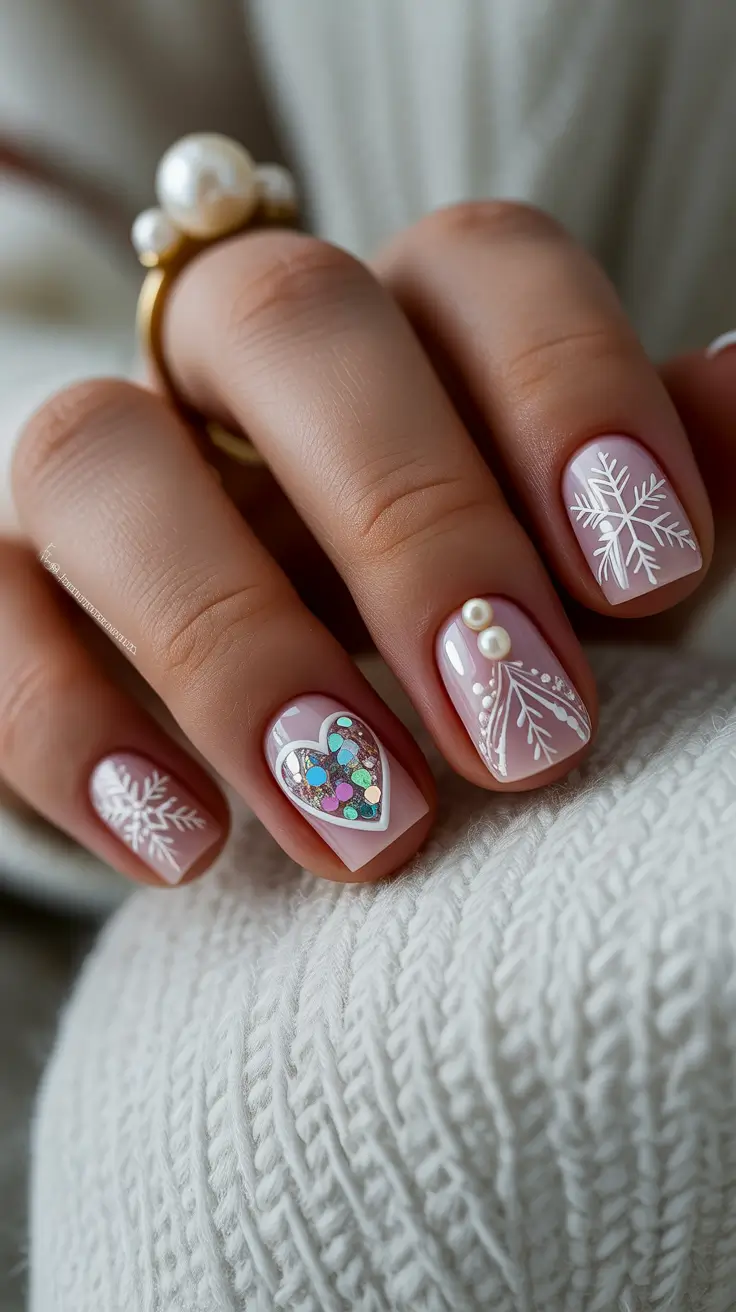 Holiday Nails Inspiration 2026 Soft Blush Snowflakes With a Jewelry Moment