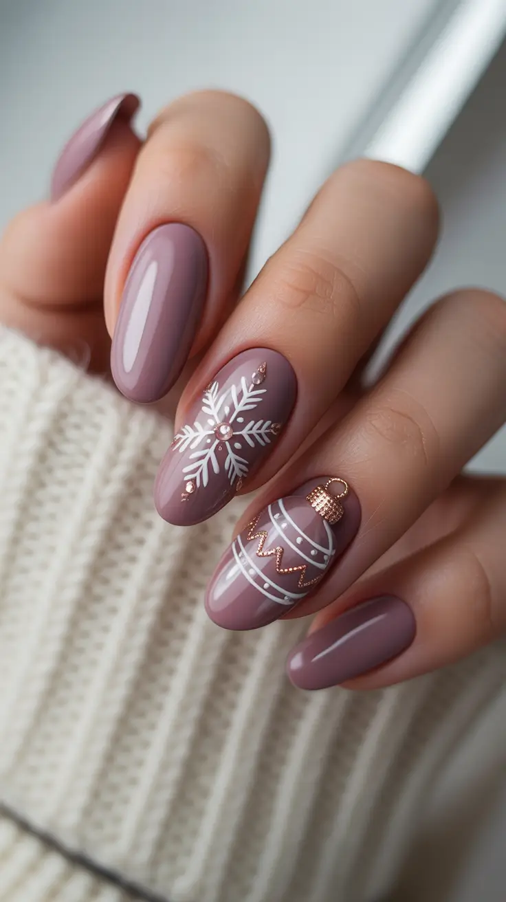 Holiday Nails Inspiration 2026 Mauve Gloss With Snowflakes And Ornament Detail