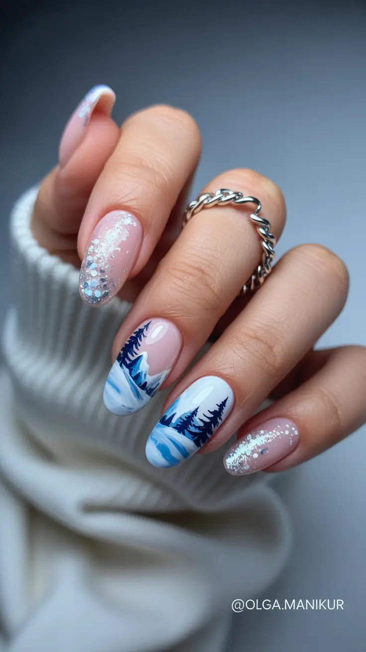 Holiday Nails Inspiration 2026 Winter Blue Landscape Nails With Sparkle Accents