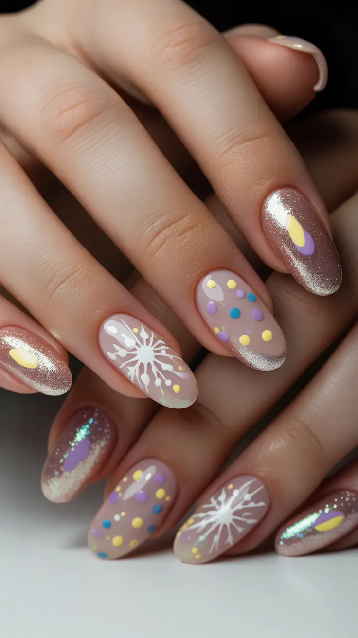 Holiday Nails Inspiration 2026 Pastel Confetti Sparkle With Snowflake Art