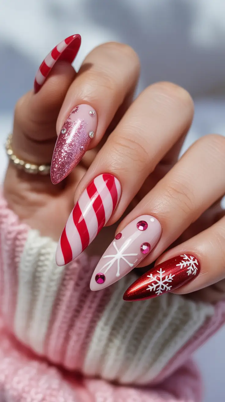 Holiday Nails Inspiration 2026 Candy Cane Red Glam With Rhinestone Details