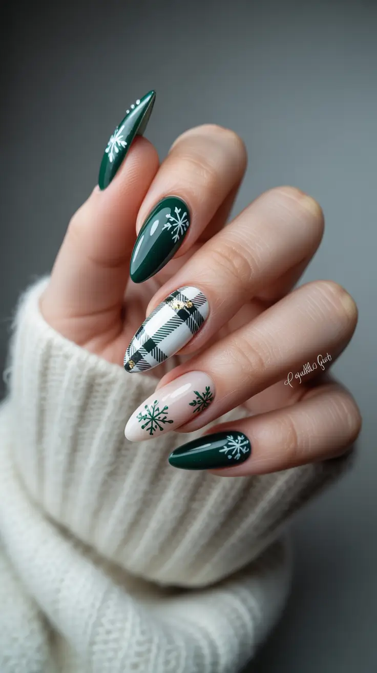 holiday nails 2026 Festive Green Plaid with Snowflake Details