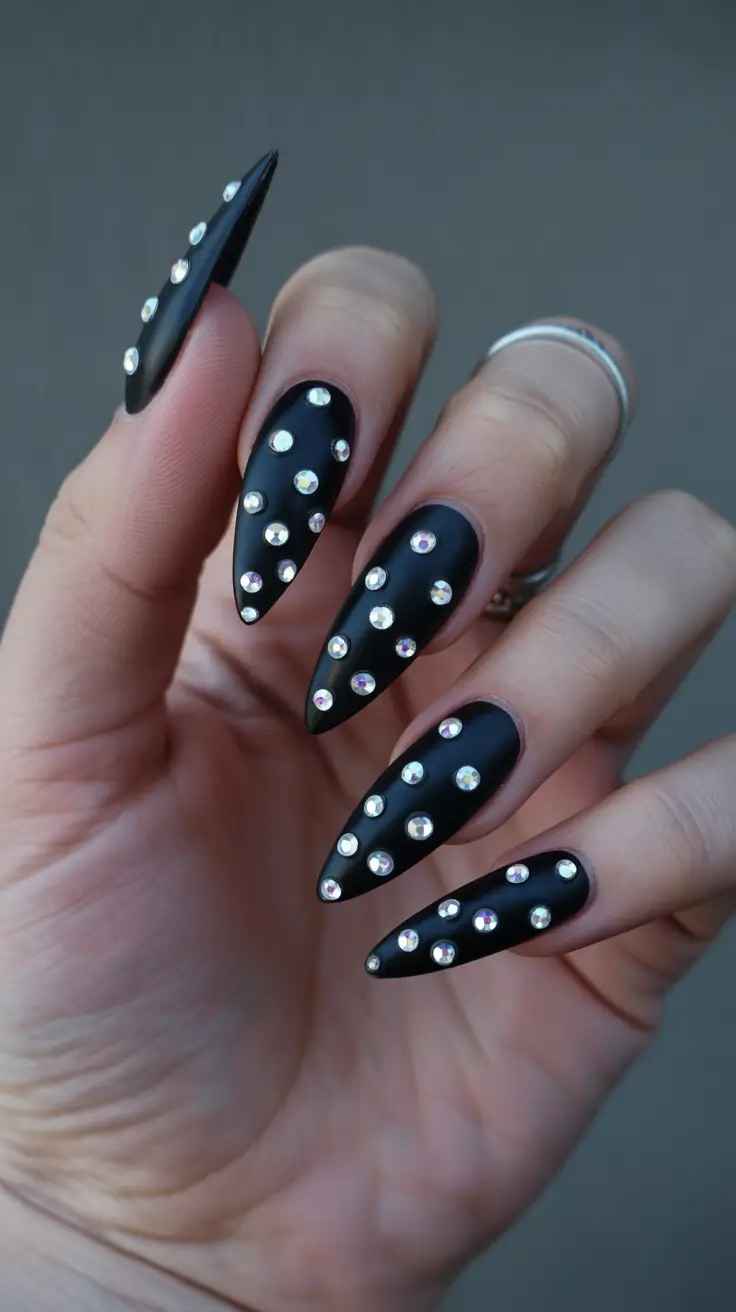 holiday nails 2026 Black Nails with Crystal Accents
