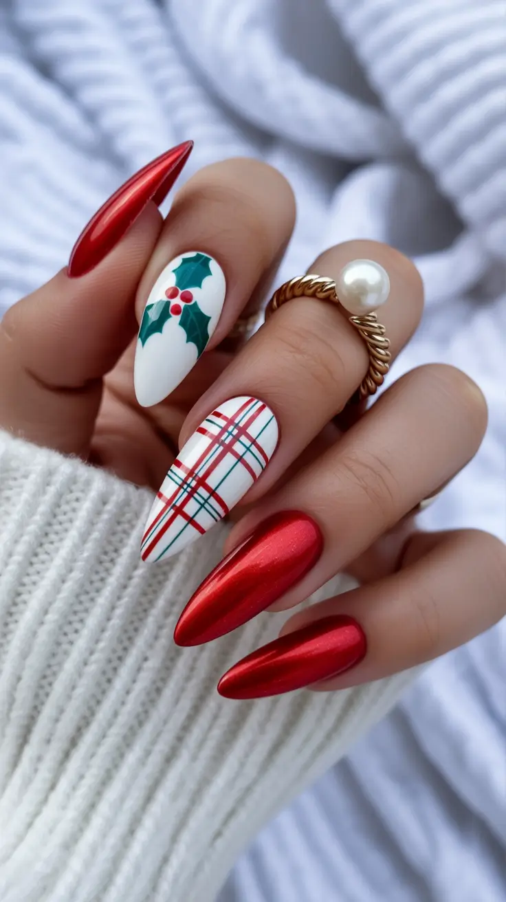 holiday nails 2026 Classic Red with Playful Holiday Art