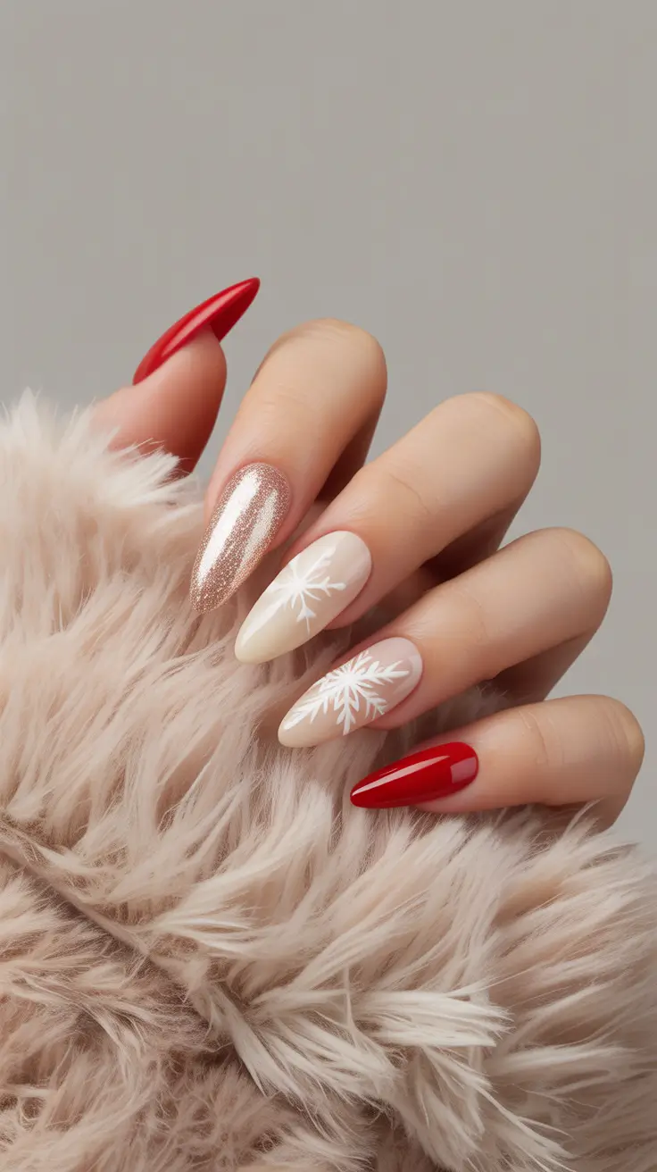 holiday nails 2026 Classic Red and Snowflake Elegance