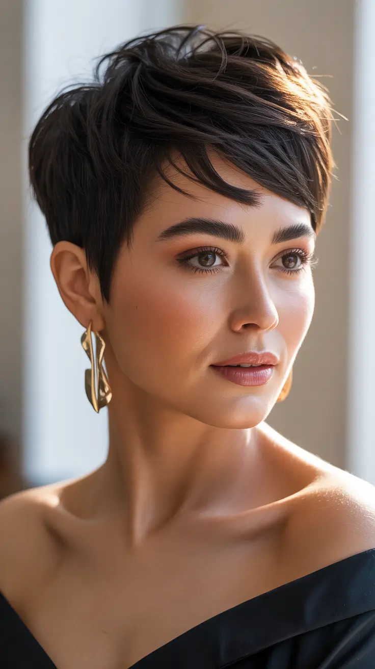 haircuts inspo 2026 Short Dark Pixie With Soft Side Fringe