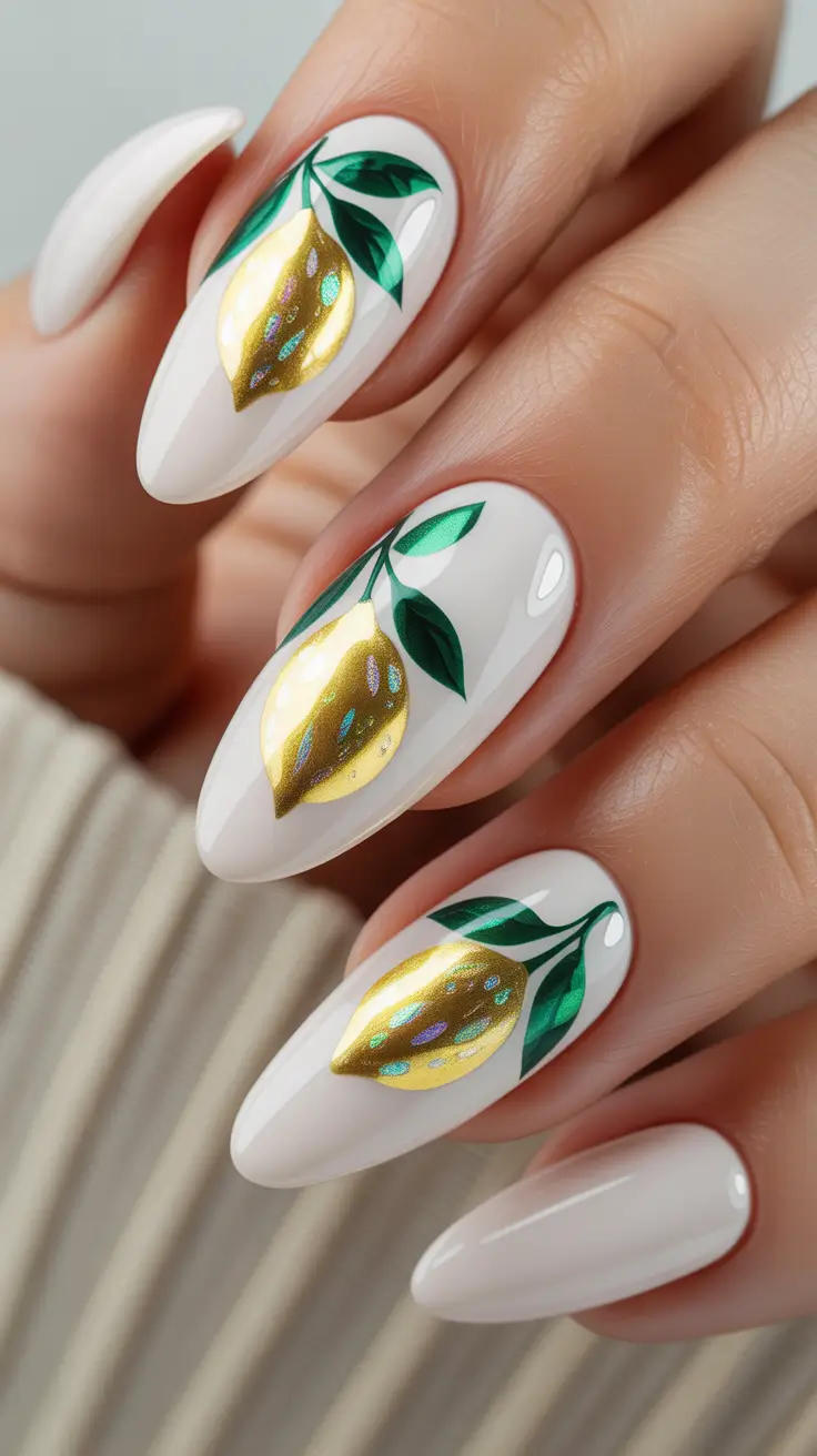 nail colors 2026 Fall Chrome Lemon Art on Milky Base