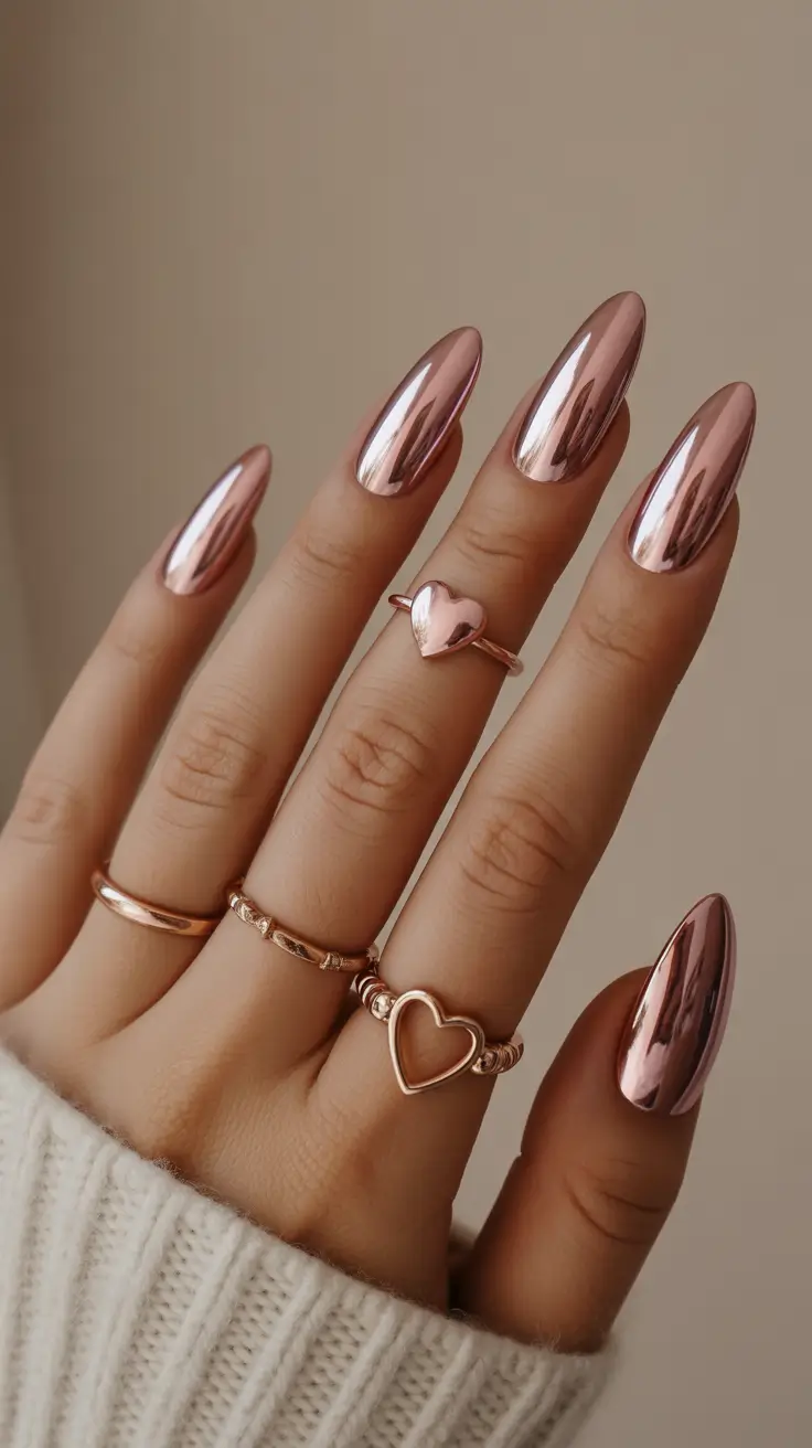nail colors 2026 Rose Gold Chrome for February Evenings