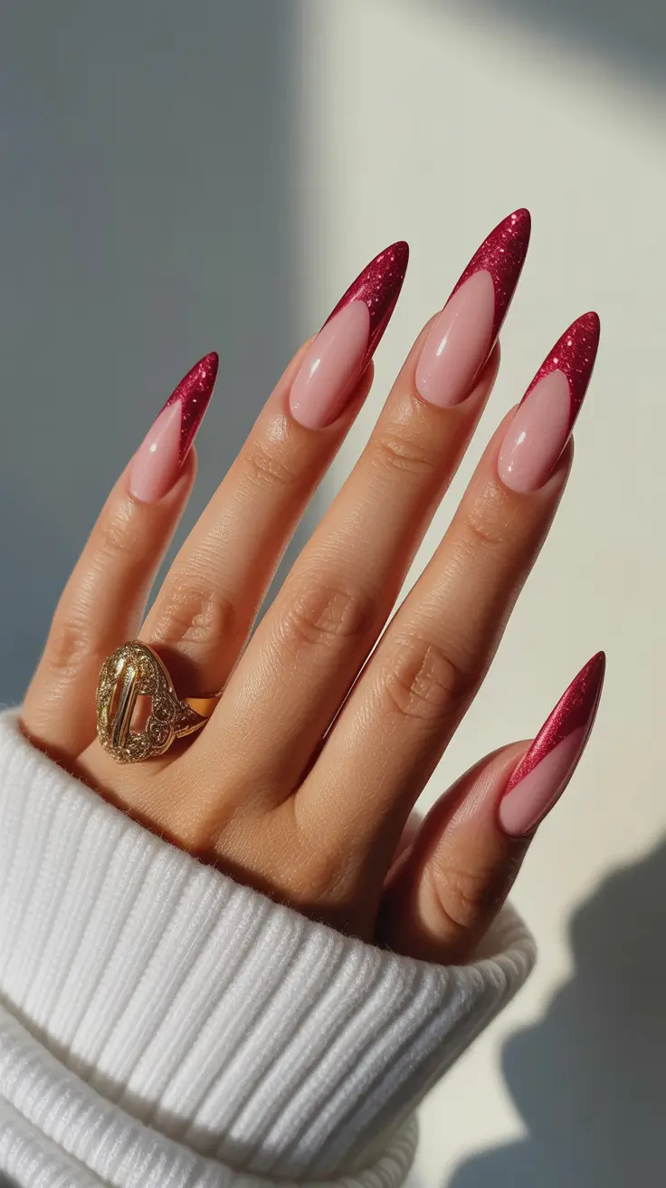 Nail Colors Ideas for 2026 Red Glitter French