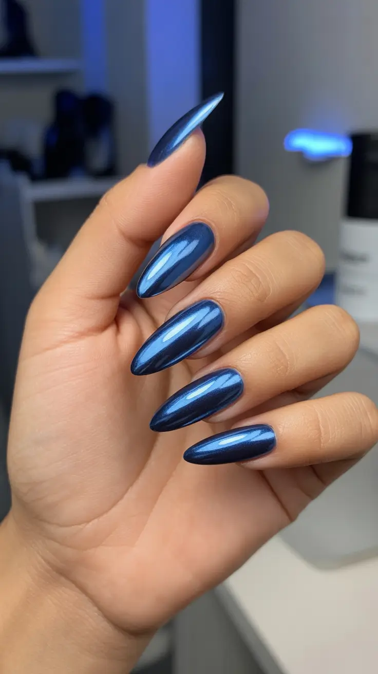 New Chrome Nails Ideas 2026 Navy Blue Chrome