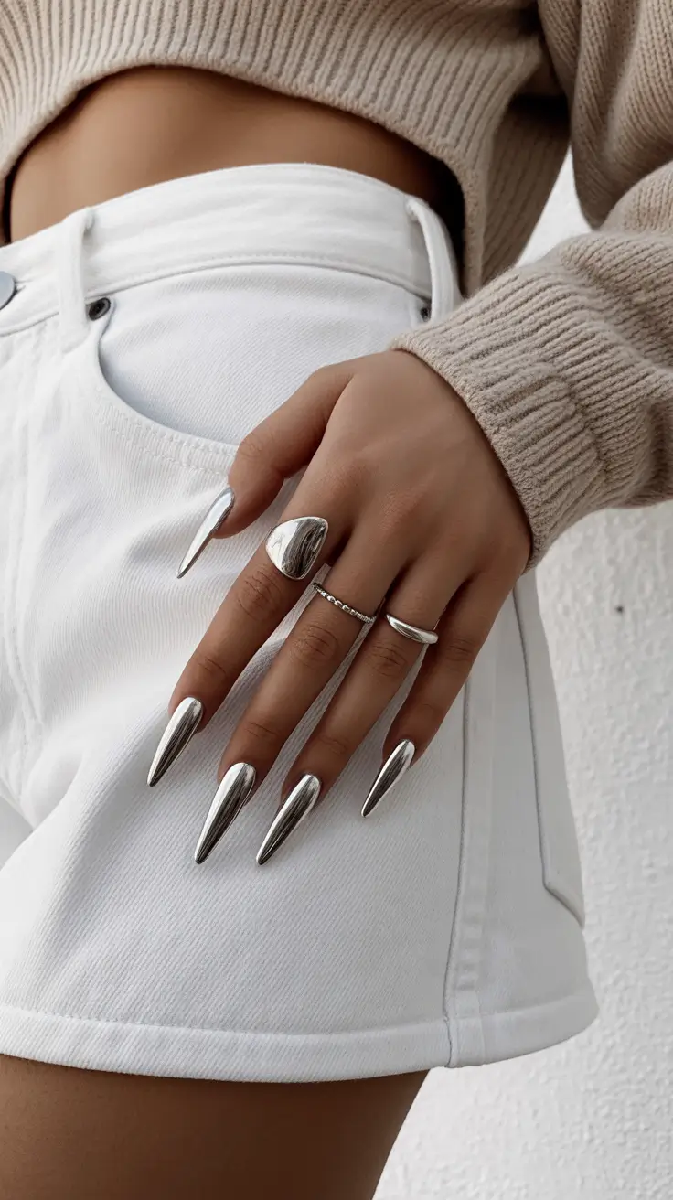 New Chrome Nails Ideas 2026 Long Silver Stiletto
