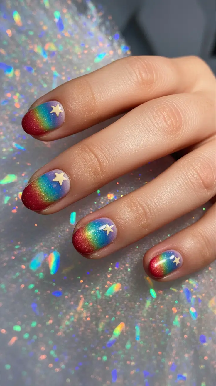 New Short Acrylic Nails 2026 Rainbow Stars