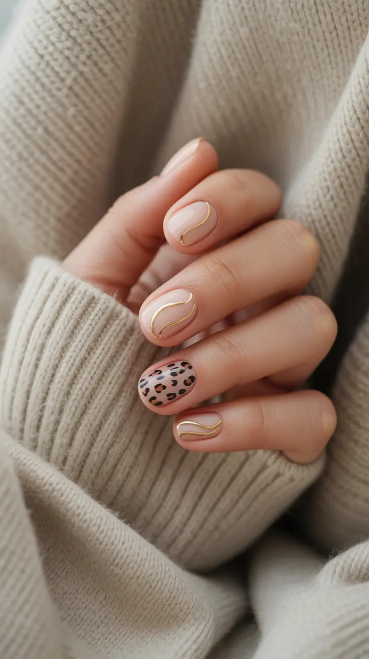 New Short Acrylic Nails 2026 Nude Gold Leopard