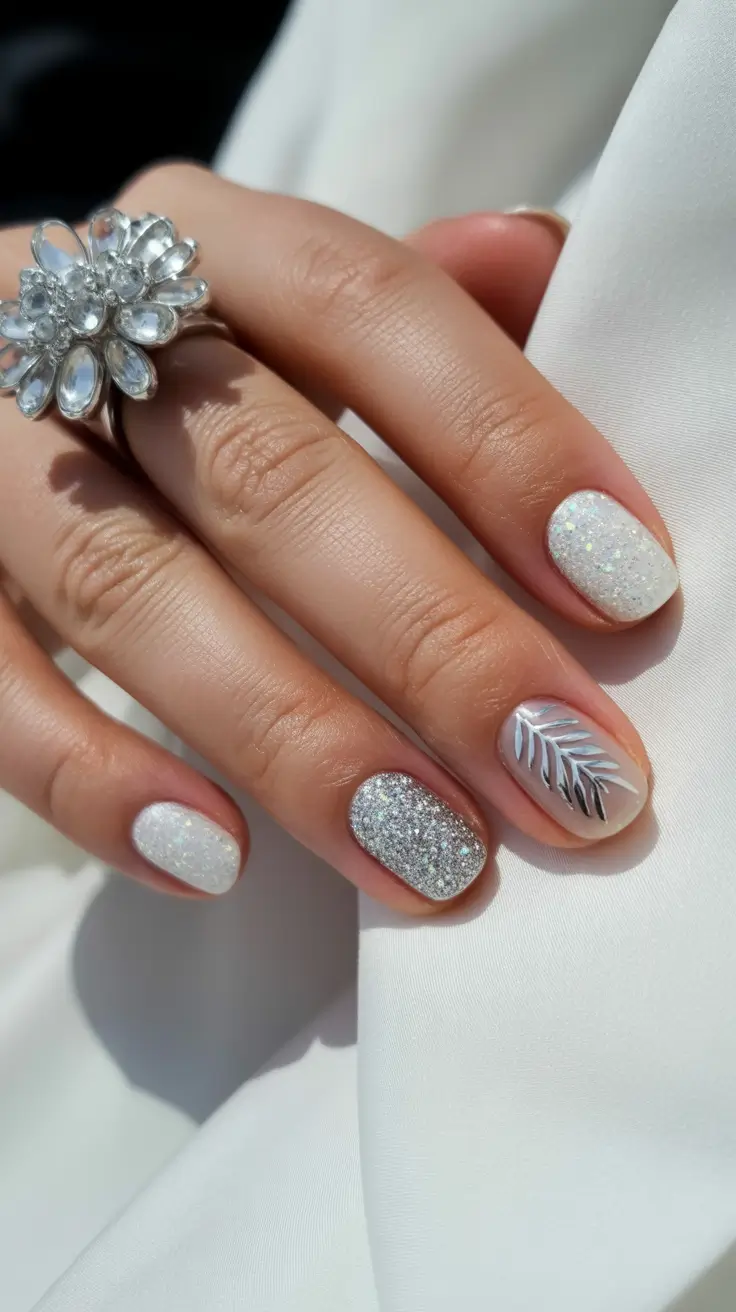 New Short Acrylic Nails 2026 White Silver