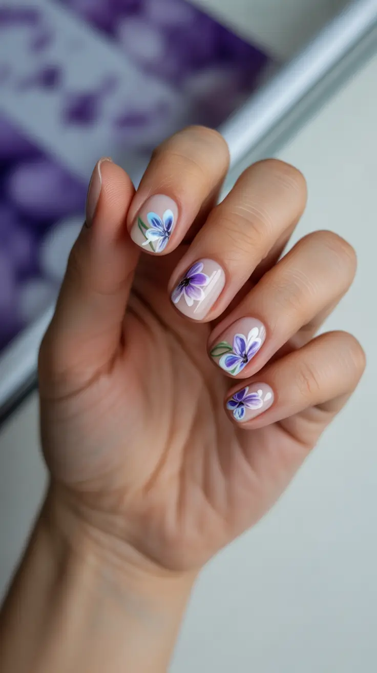 New Short Acrylic Nails 2026 Purple Floral Design