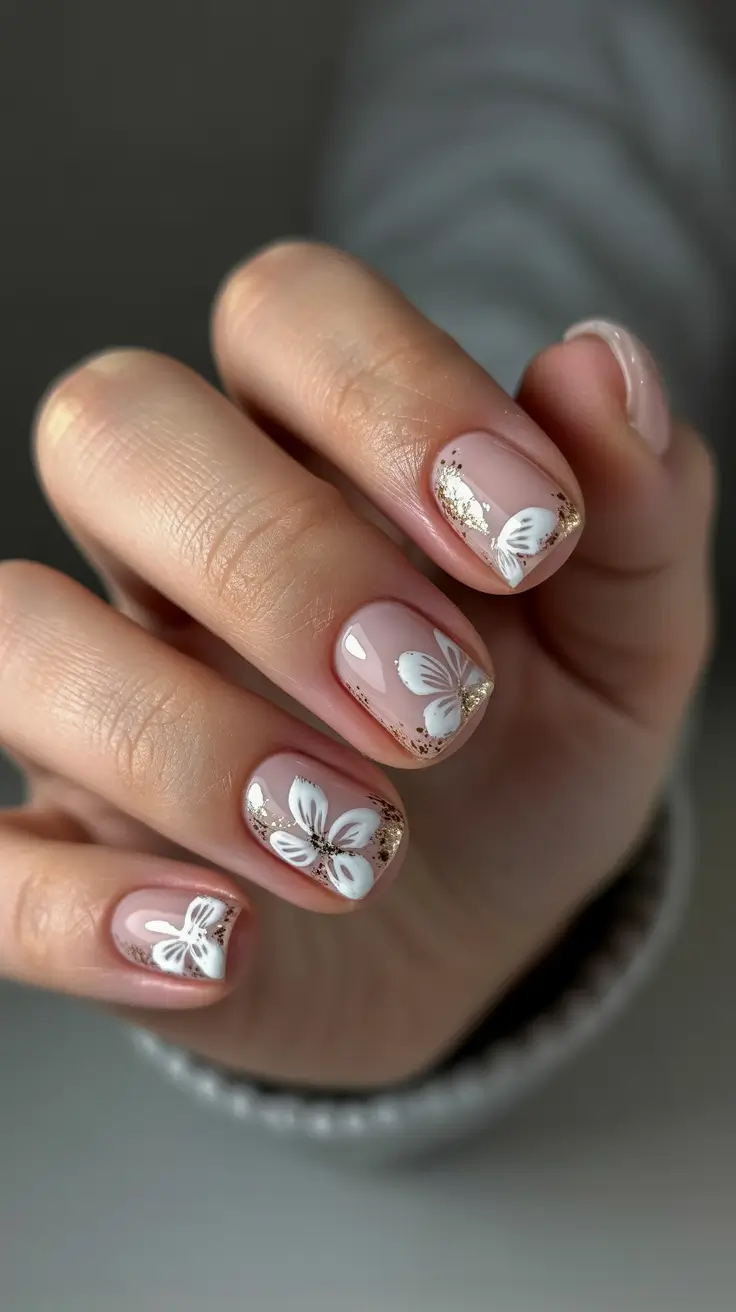 Nude Nails for Work 2026 White Floral Gold