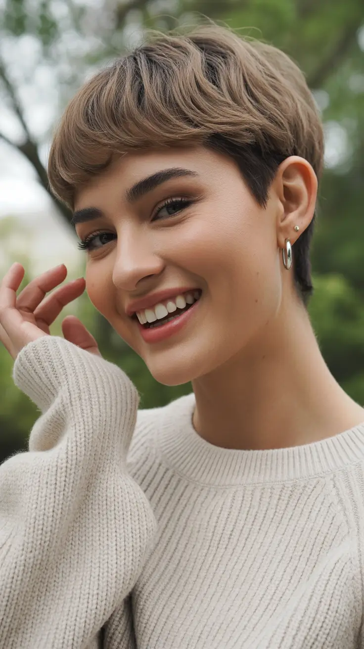 pixie hairstyles 2026 Soft Brunette Pixie With Natural Movement