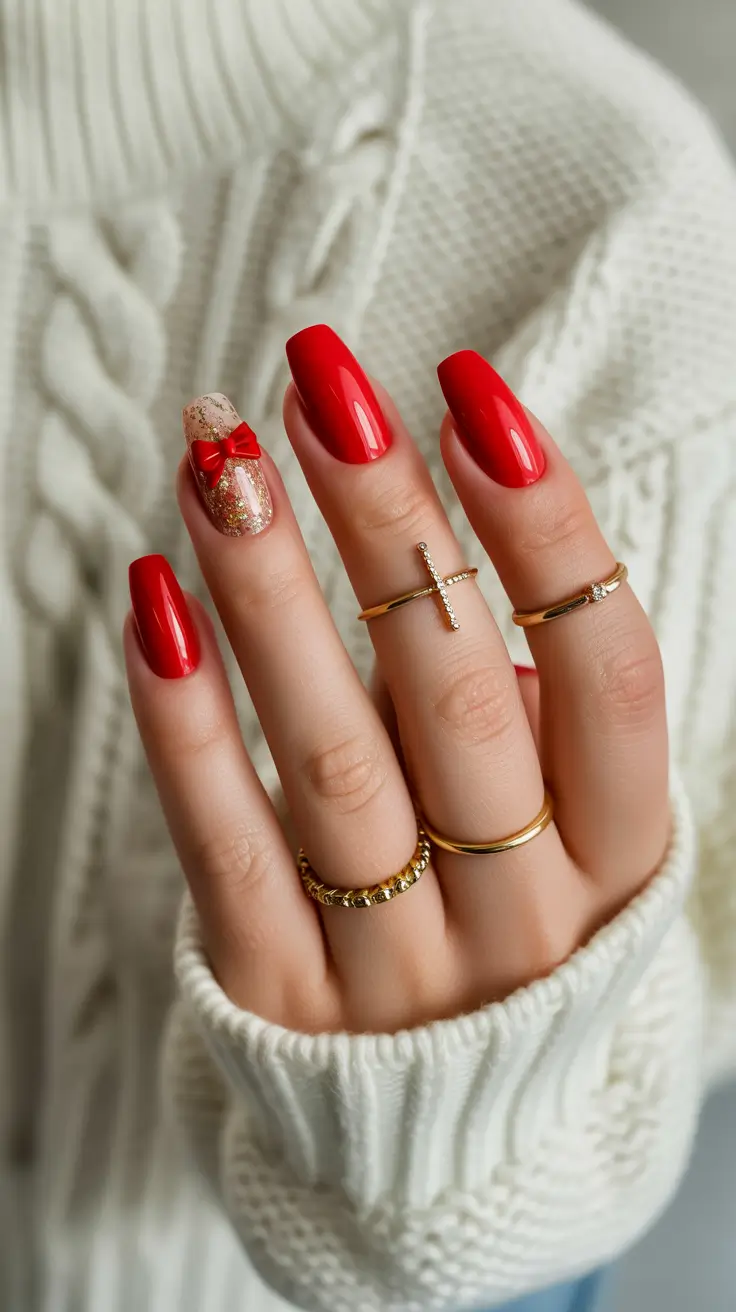 Red Nails 2026 Gold Bow