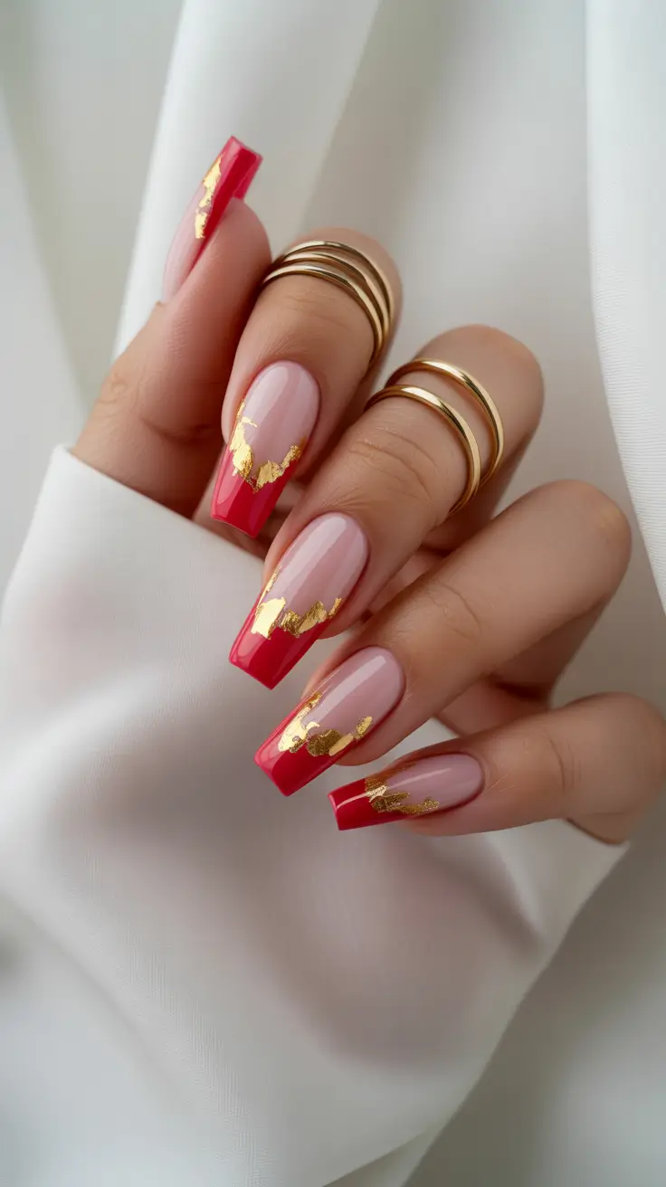 Red Nails 2026 Red French With Gold Accents