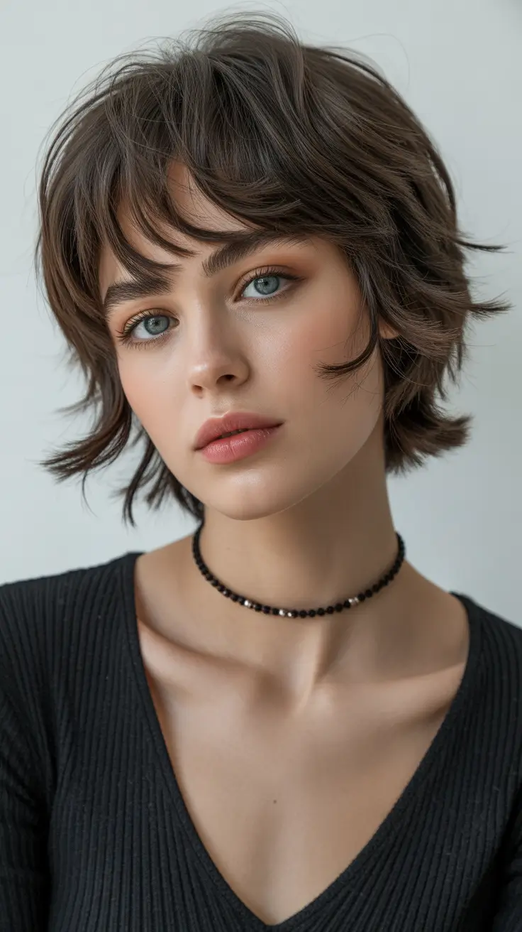 Short Haircuts 2026 Soft French Shag with Feathered Bangs
