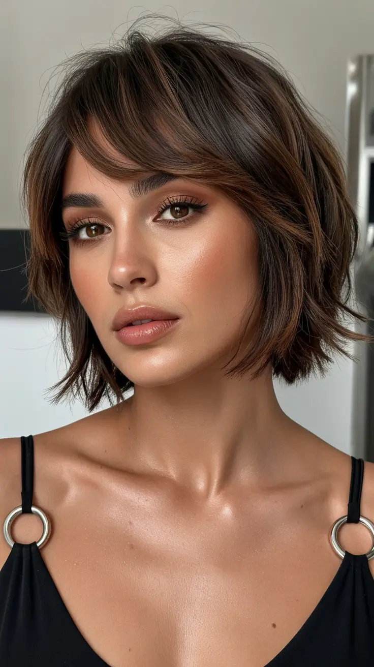 Short Haircuts 2026 Textured Brunette Bob with Soft Layers