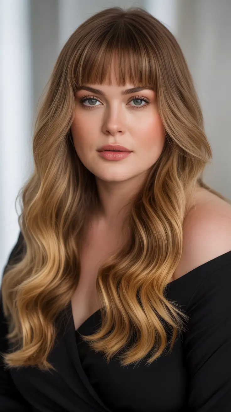 Haircuts for Plus Size Women 2026 Golden Waves with Classic Bangs