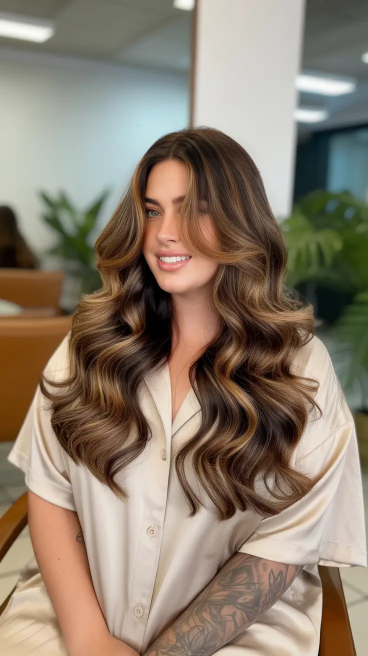 Haircuts for Plus Size Women 2026 Chocolate Swirl Waves with Soft Volume