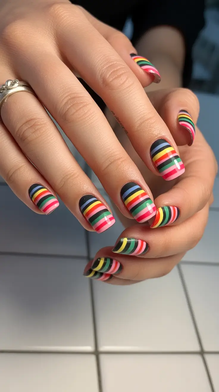 Square Nail Designs 2026 Graphic Rainbow Stripes