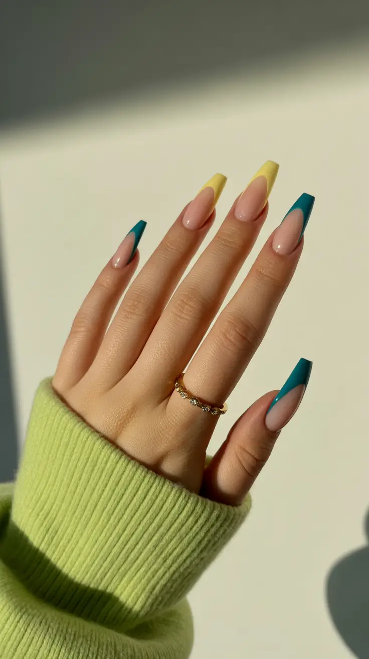 Square Nail Designs 2026 Green Yellow French Tips
