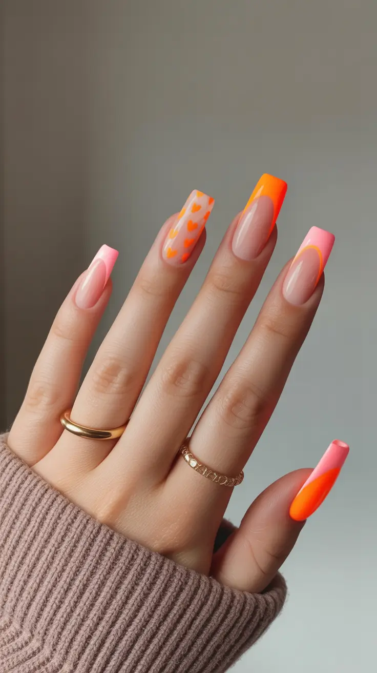 Square Nail Designs 2026 Pink Orange Graphic Nails
