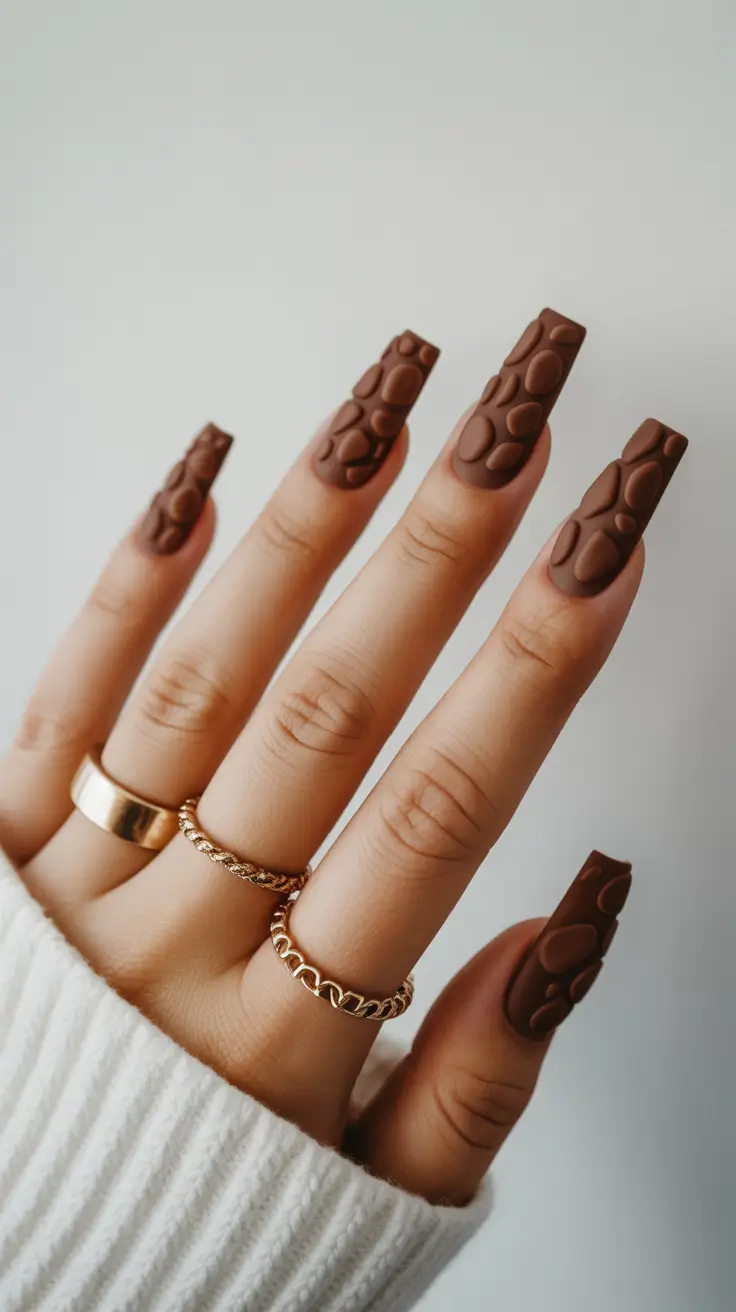 Square Nail Designs 2026 Brown Textured Nails