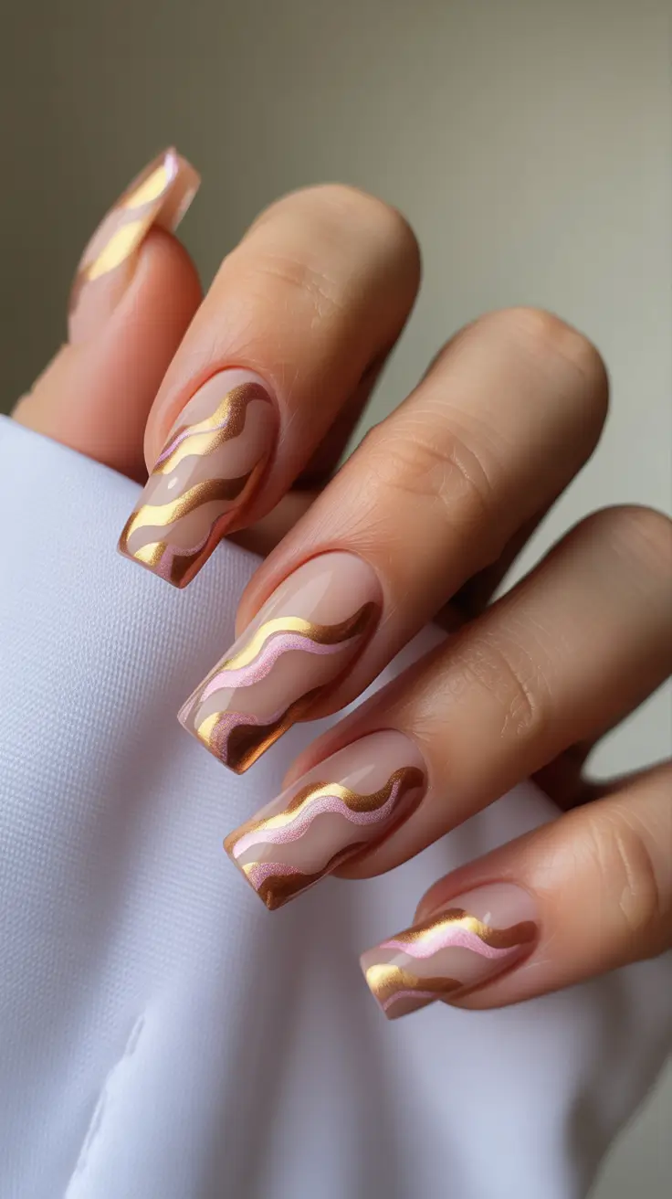 Square Nail Designs 2026 Soft Metallic Waves
