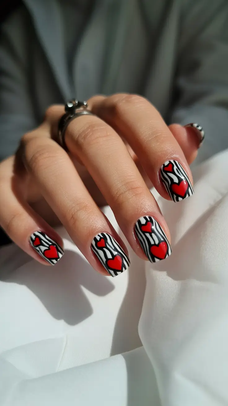 Square Nail Designs 2026 Black White Red Heart Art