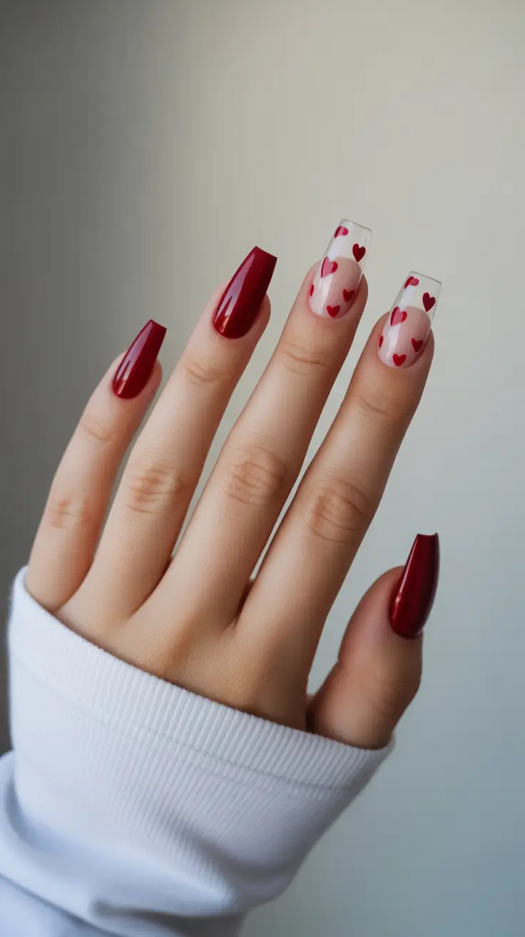 Square Nail Designs 2026 Deep Red Hearts