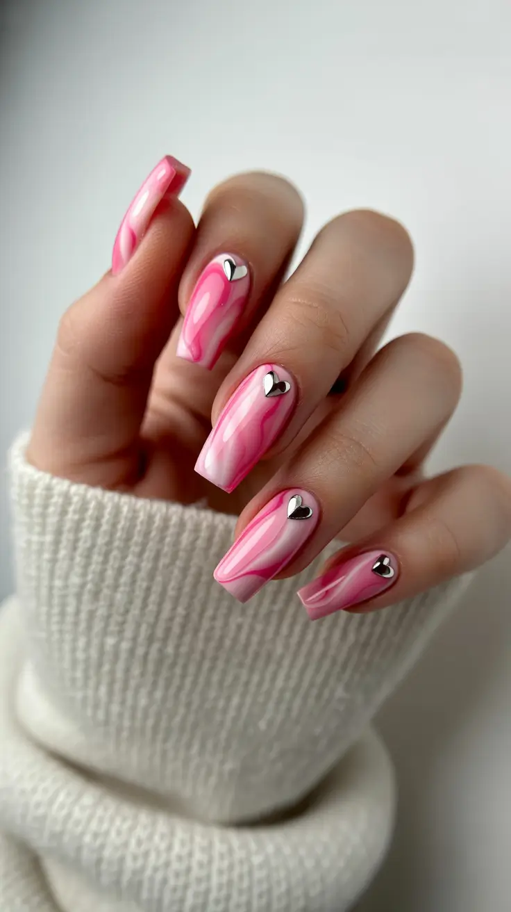 Square Nail Designs 2026 Pink Glazed Hearts