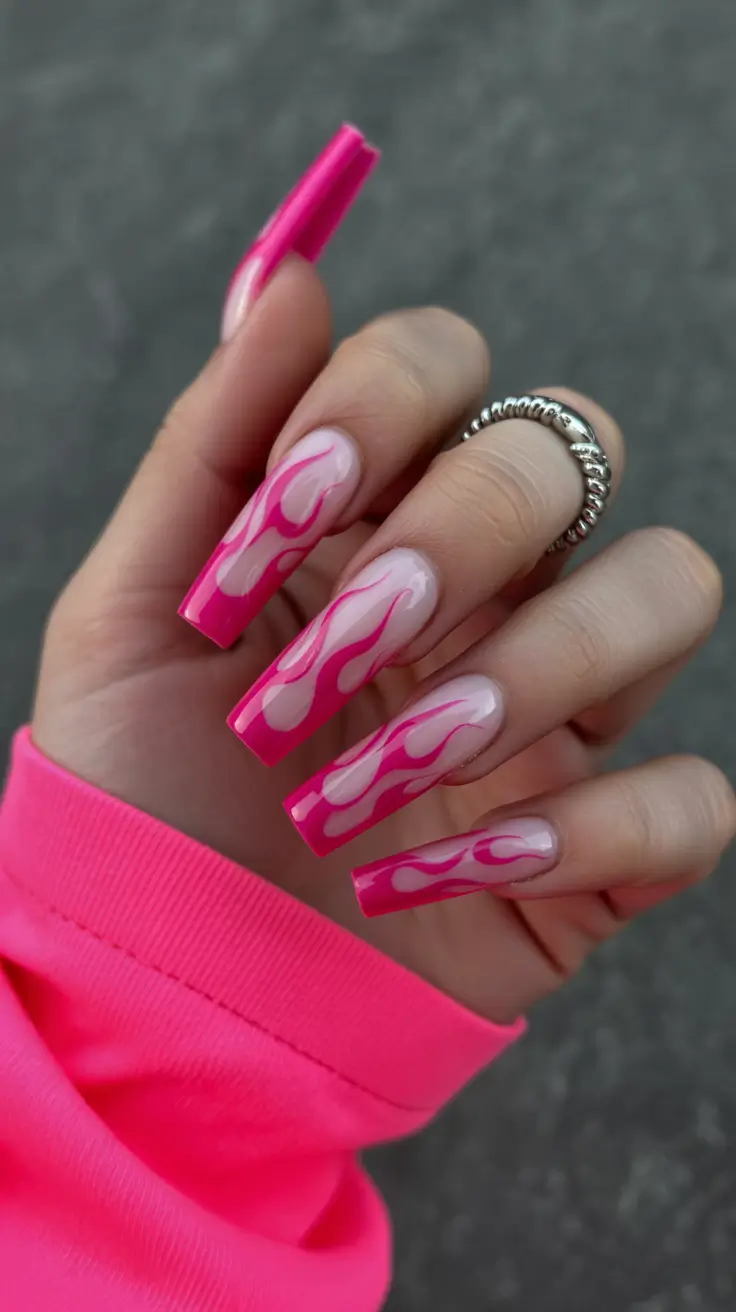 Square Nail Designs 2026 Hot Pink Flames