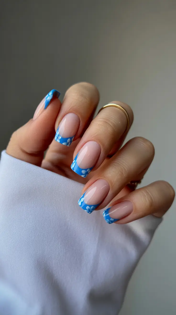 Square Nail Designs 2026 Blue French Tip Floral