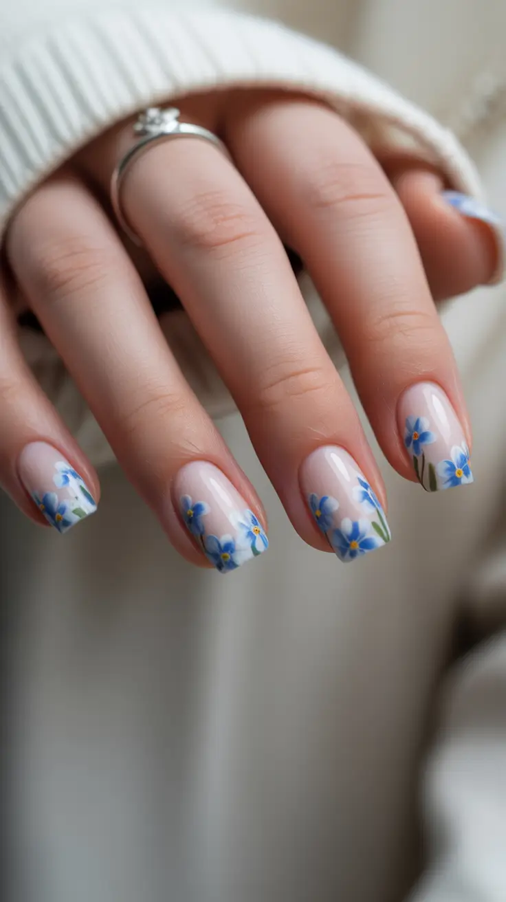 Square Nail Designs 2026 Blue Blossom French Tips
