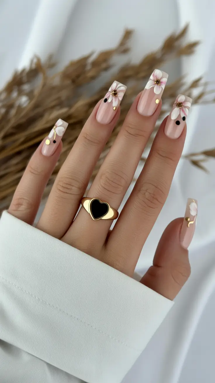 Square Nail Designs 2026 Nude Square Nails with 3D Flowers