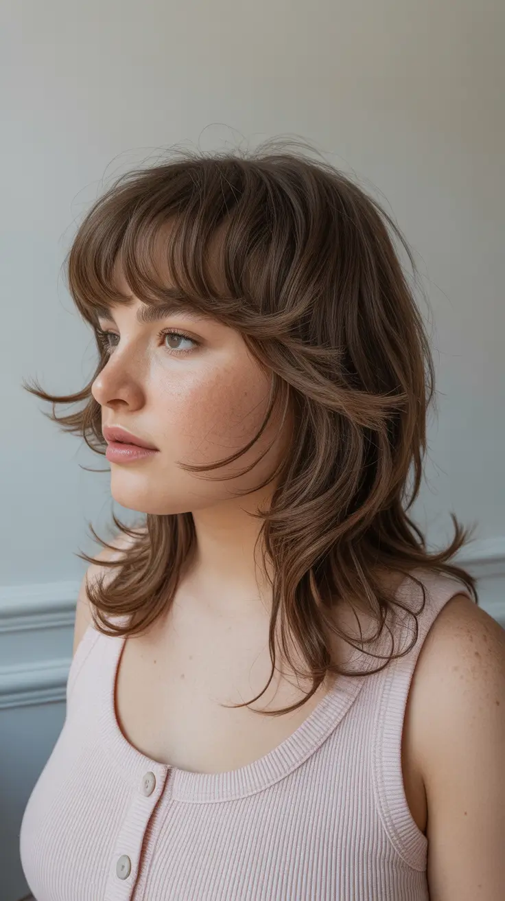 Haircuts for Chubby Faces 2026 Soft Layered Shag with Curtain Bangs