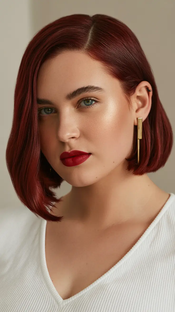 Haircuts for Chubby Faces 2026 Deep Red Sleek Bob
